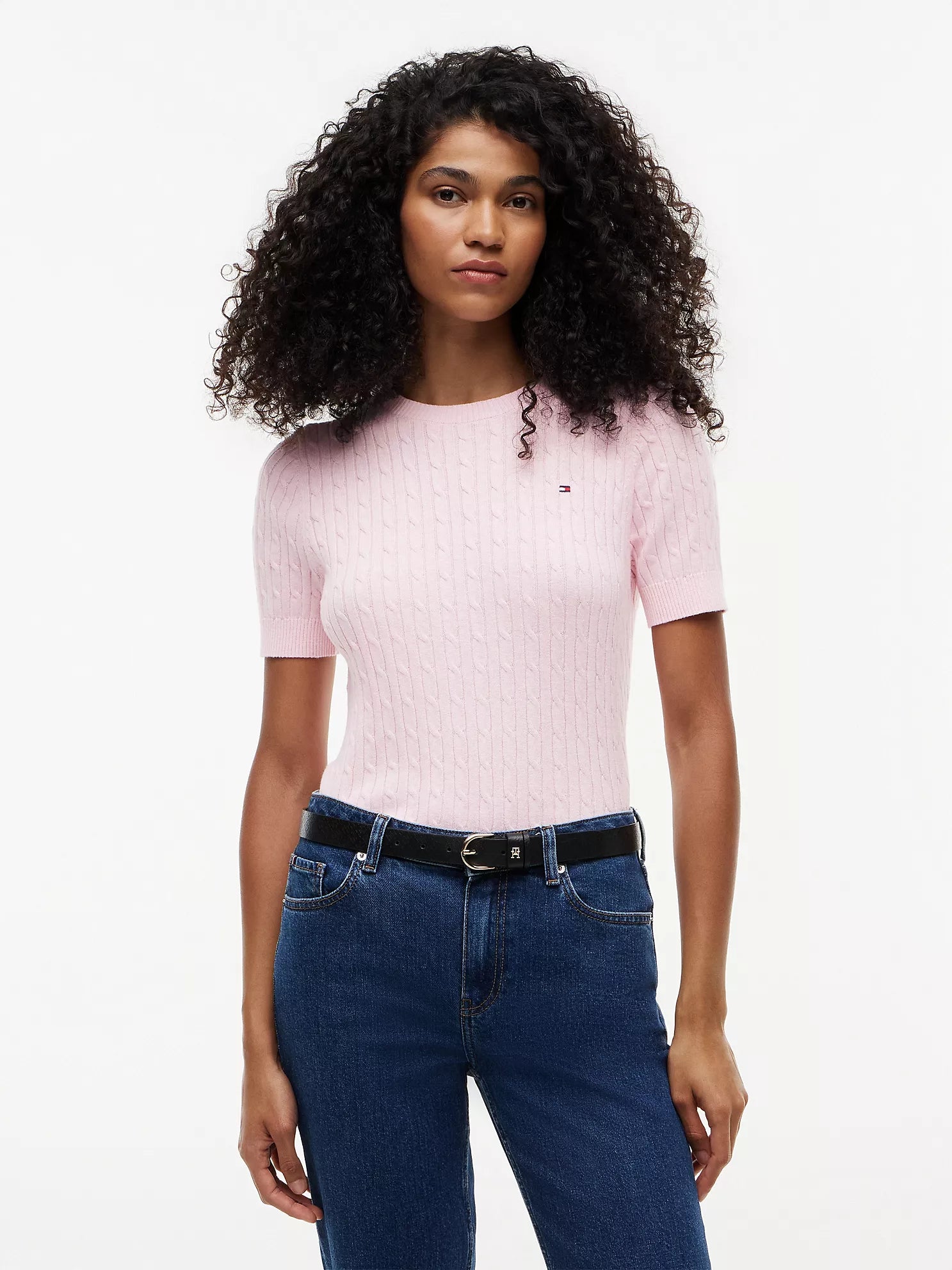Short-Sleeve Cable Knit Sweater