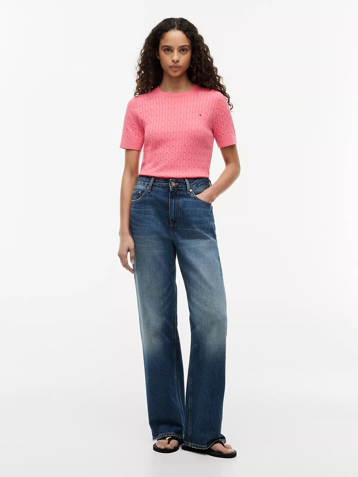 Short-Sleeve Cable Knit Sweater