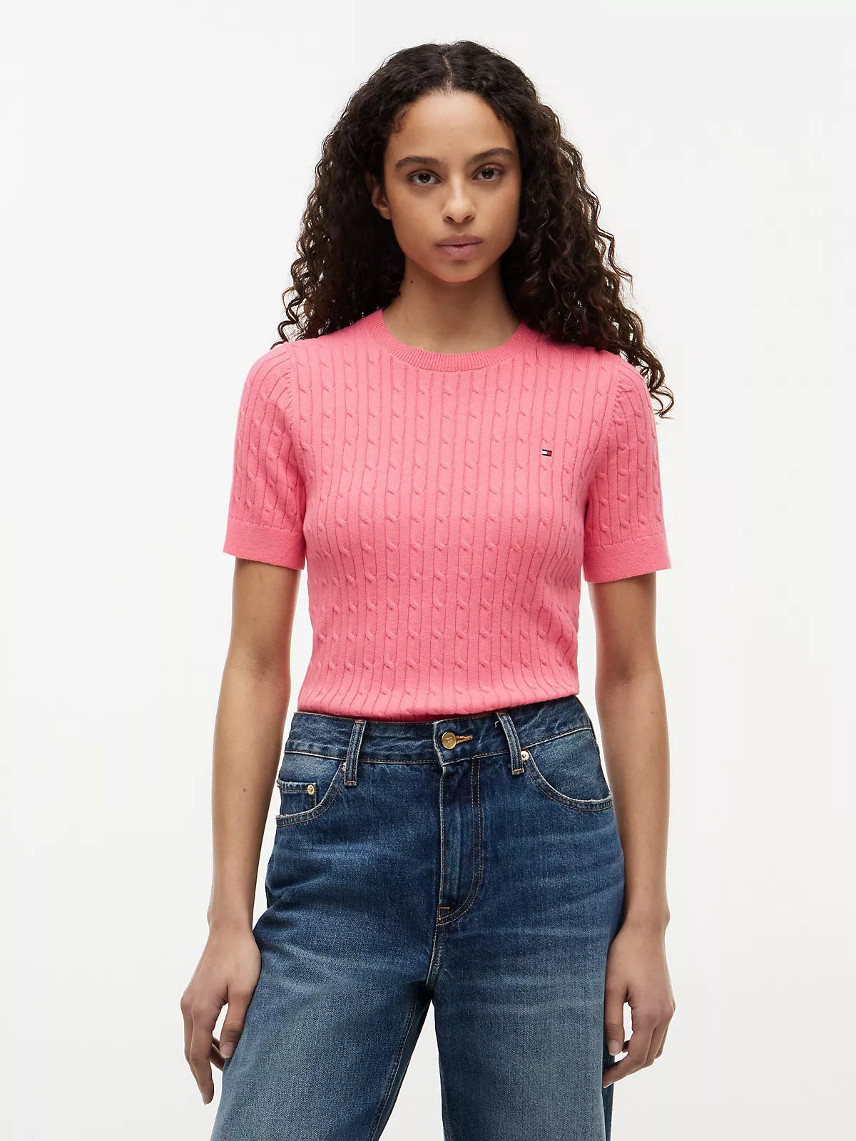 Short-Sleeve Cable Knit Sweater