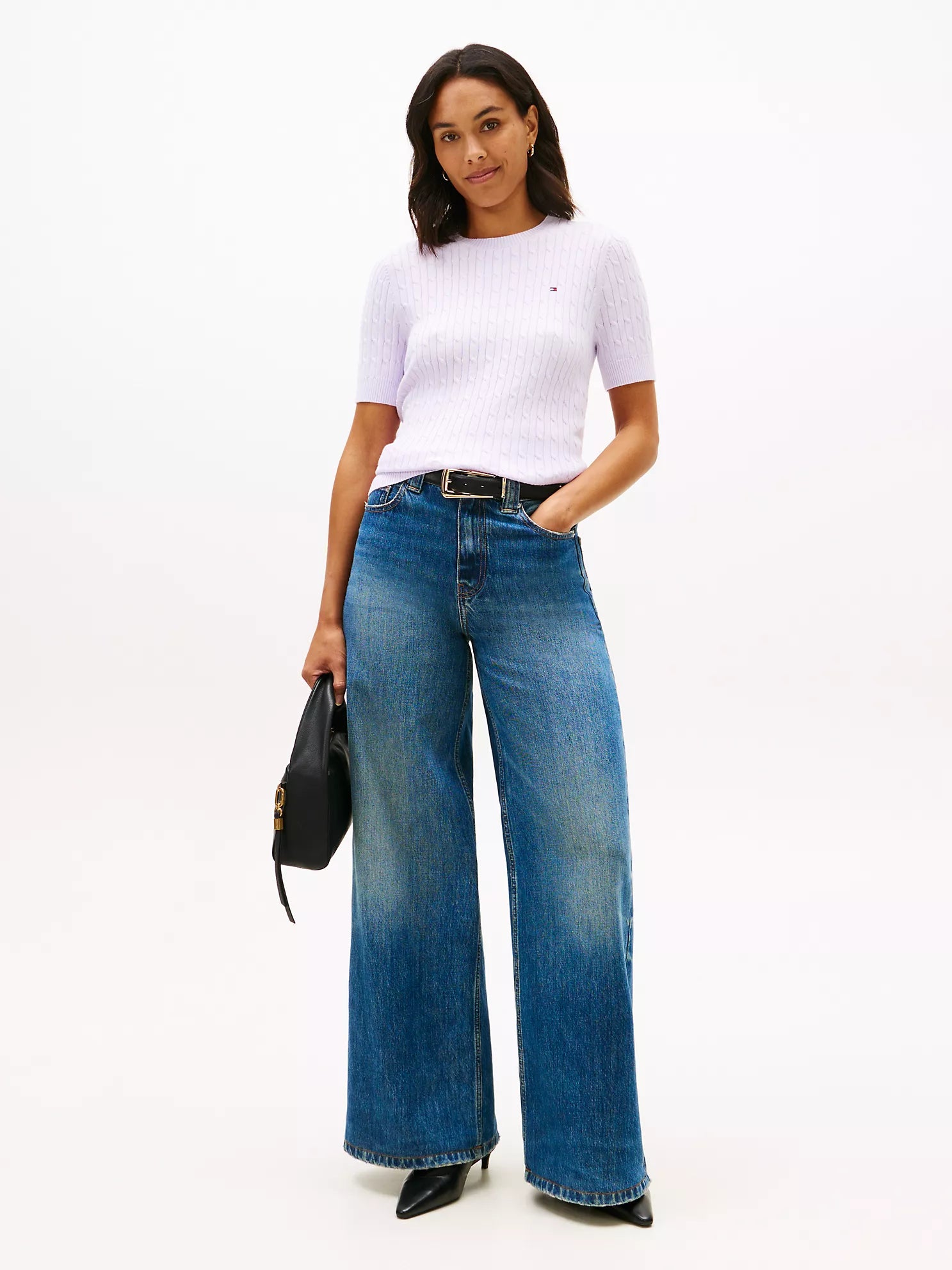 Short-Sleeve Cable Knit Sweater
