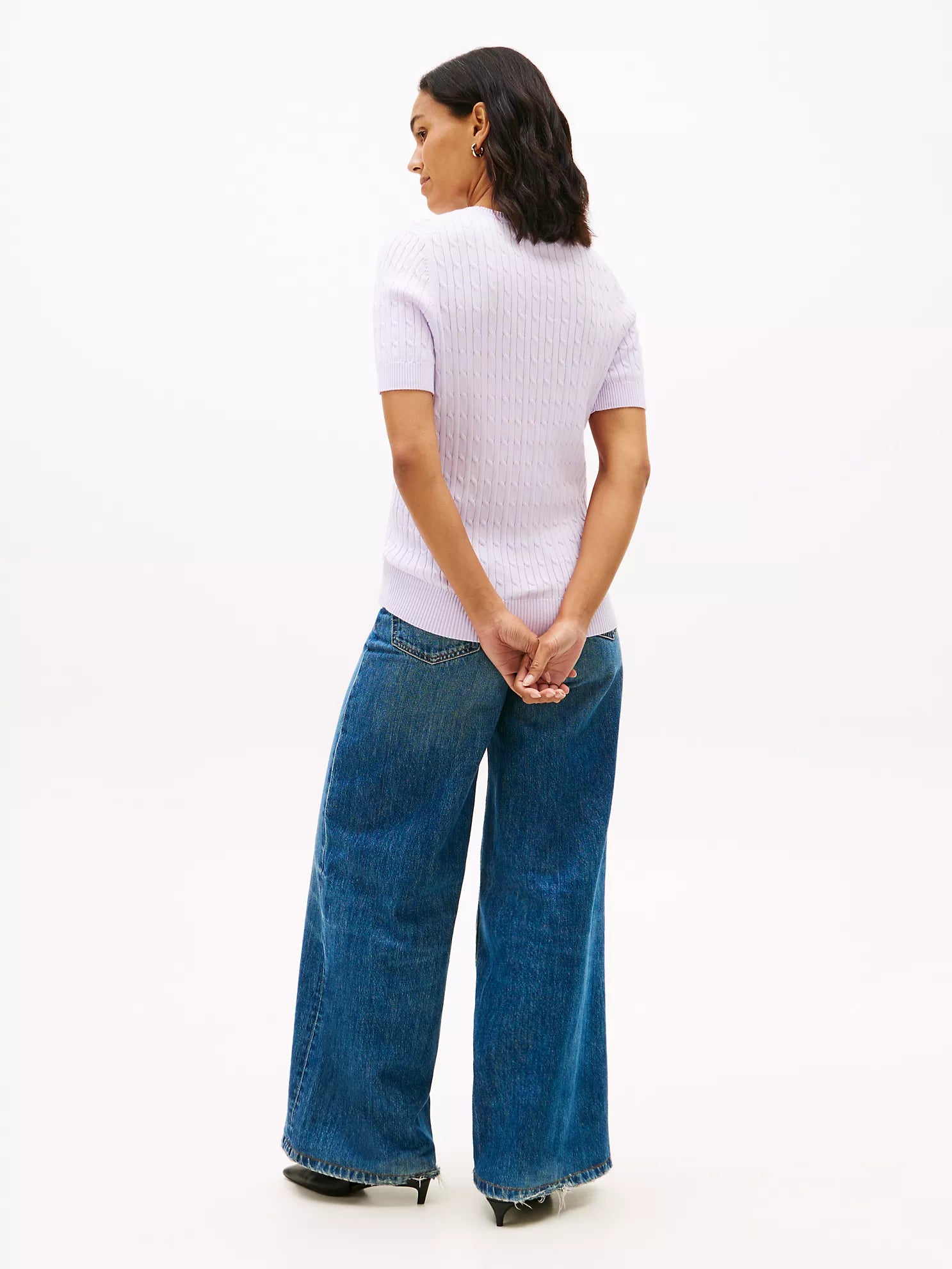 Short-Sleeve Cable Knit Sweater