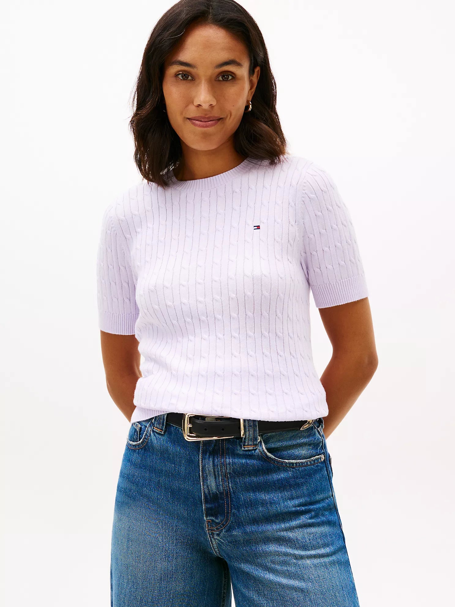 Short-Sleeve Cable Knit Sweater