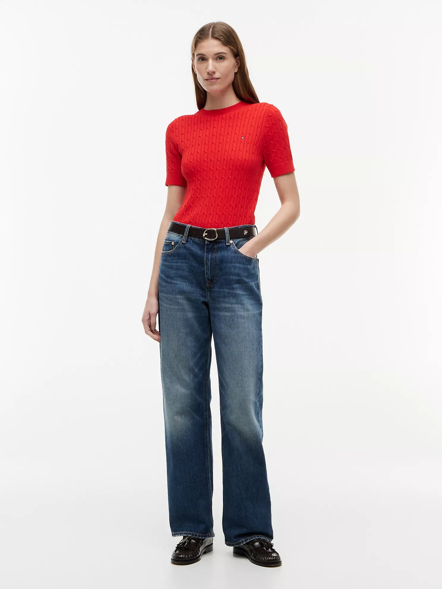 Short-Sleeve Cable Knit Sweater