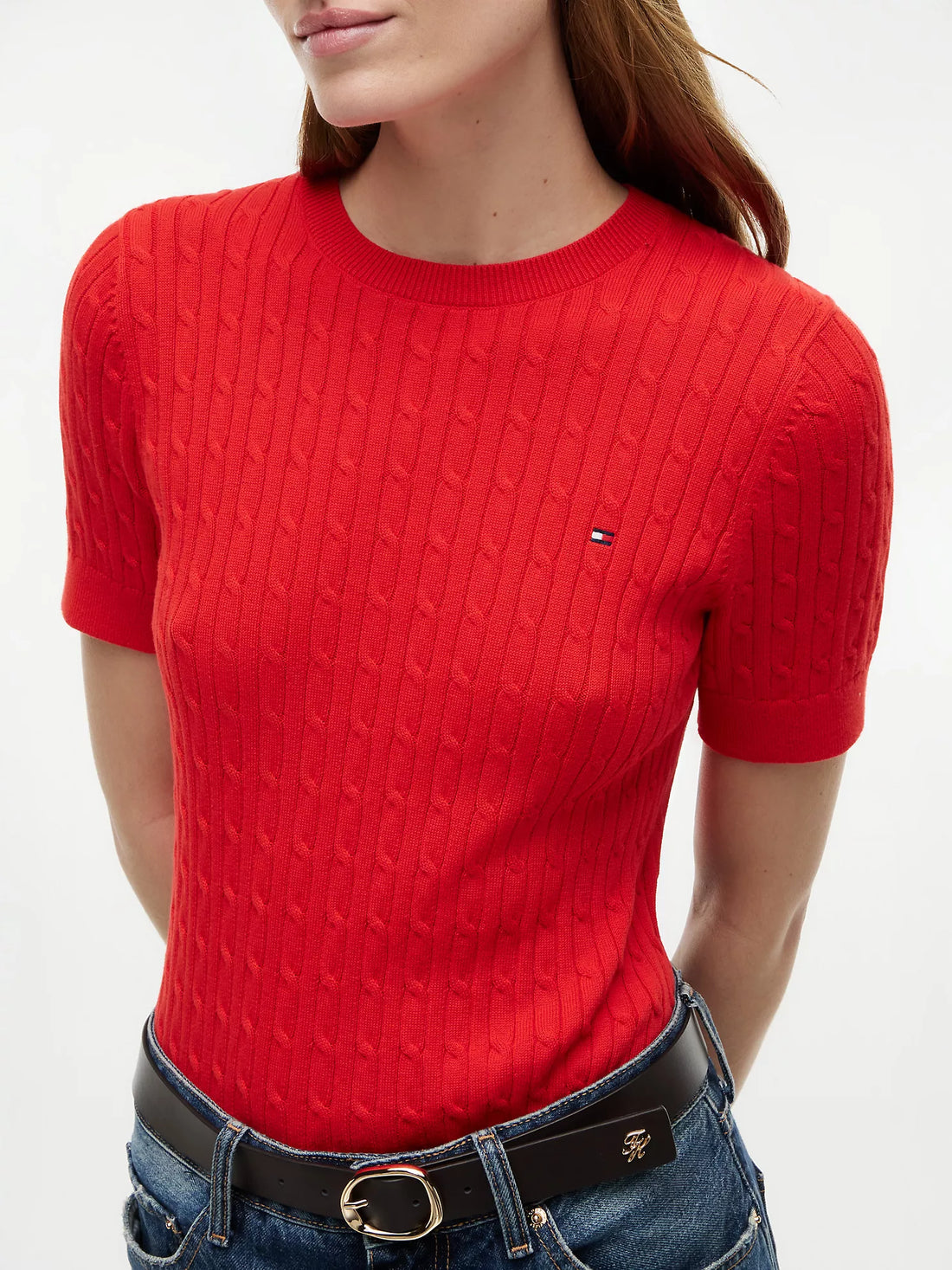 Short-Sleeve Cable Knit Sweater