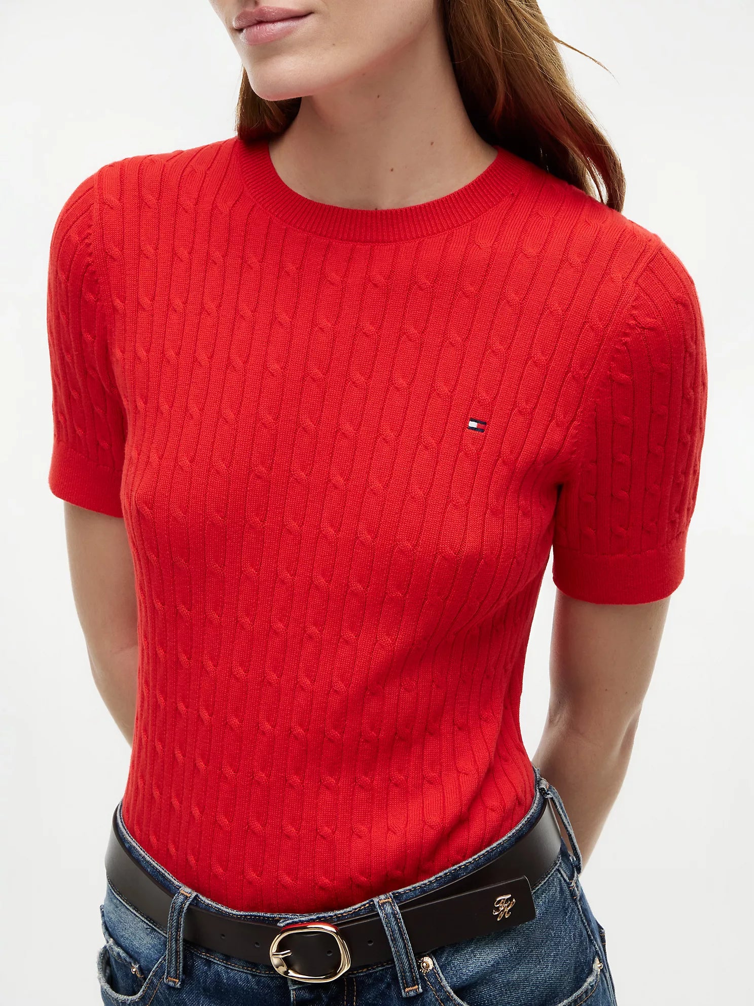 Short-Sleeve Cable Knit Sweater