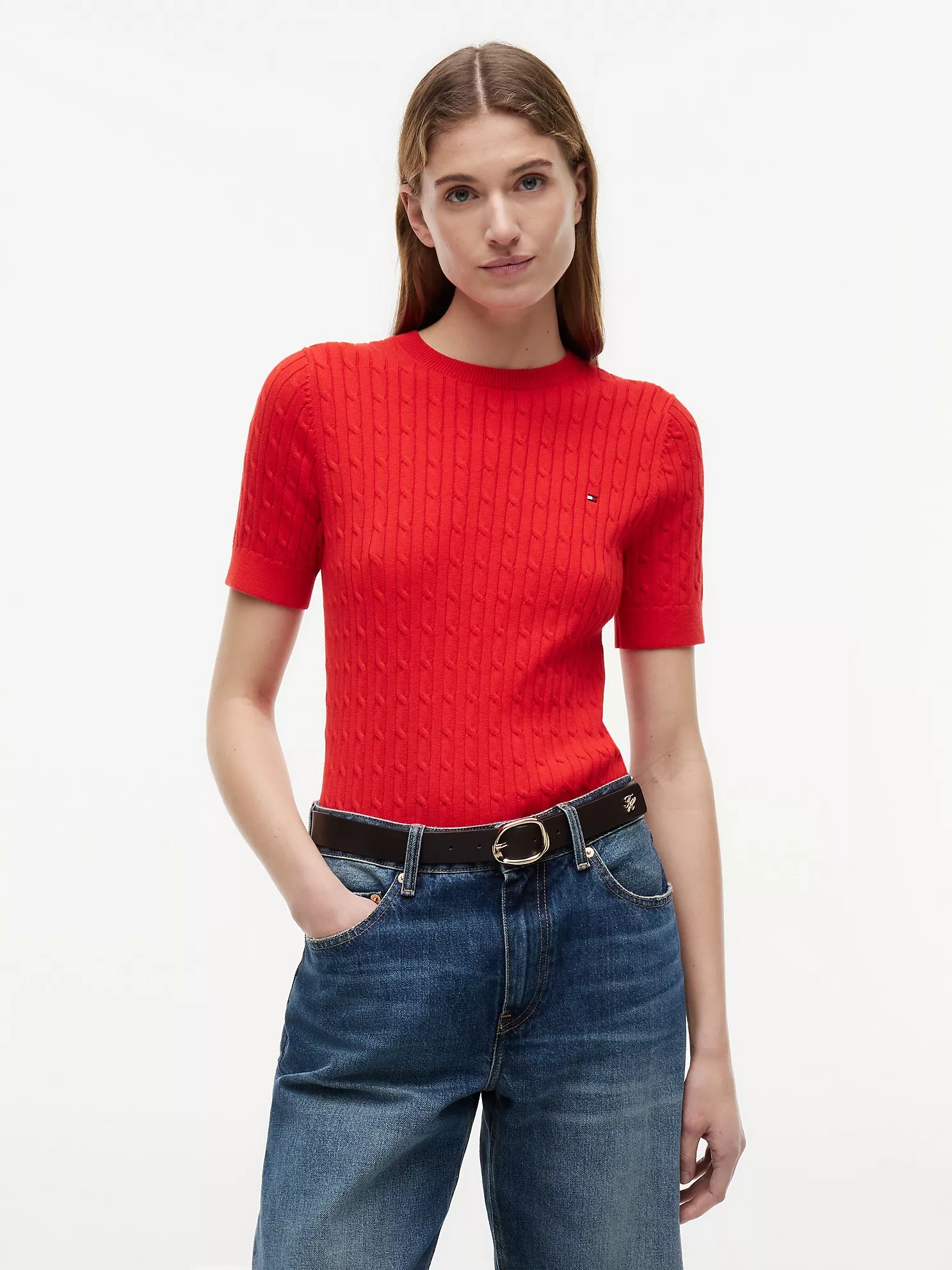 Short-Sleeve Cable Knit Sweater
