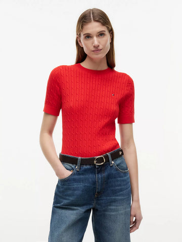 Short-Sleeve Cable Knit Sweater