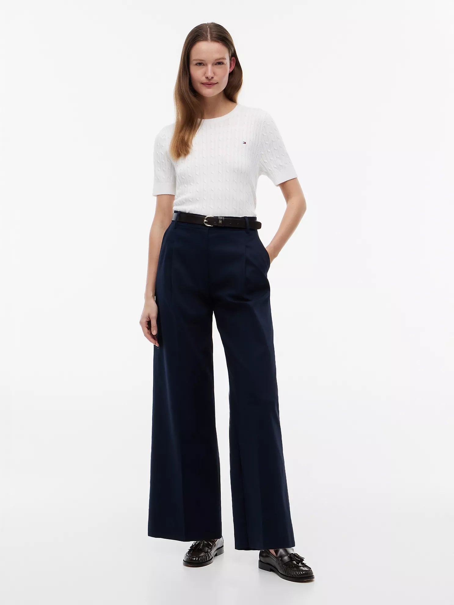 Short-Sleeve Cable Knit Sweater
