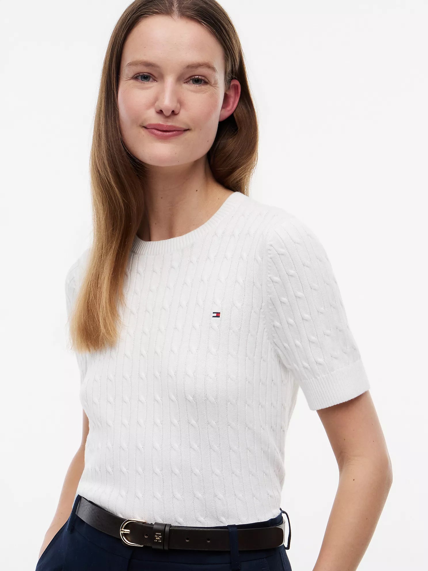 Short-Sleeve Cable Knit Sweater