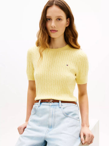 Short-Sleeve Cable Knit Sweater