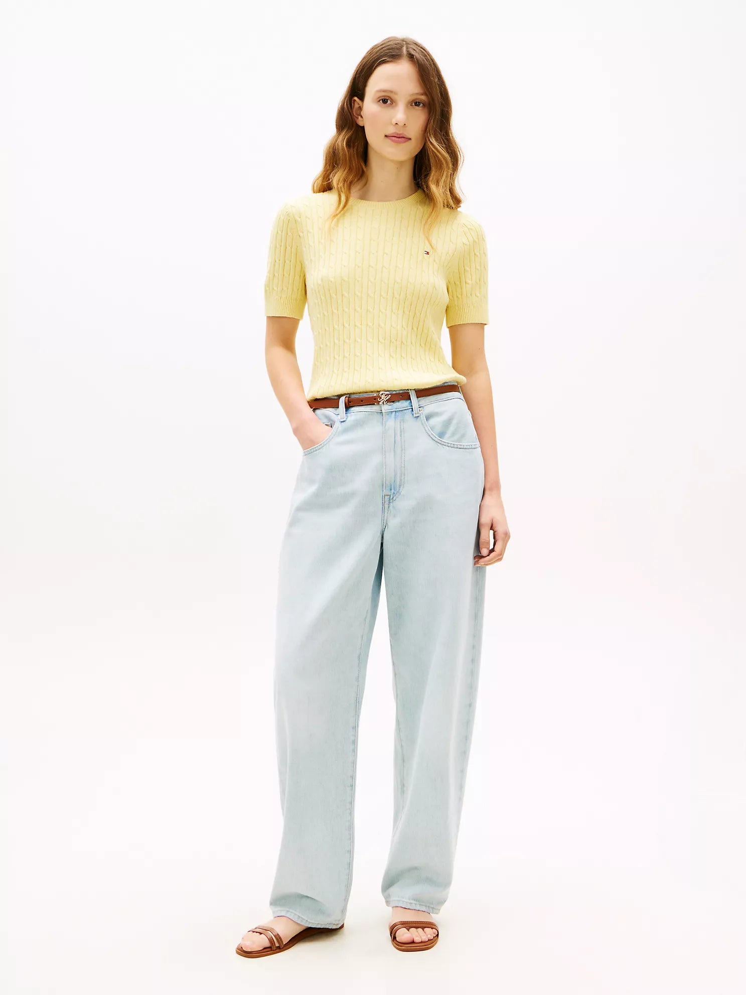 Short-Sleeve Cable Knit Sweater