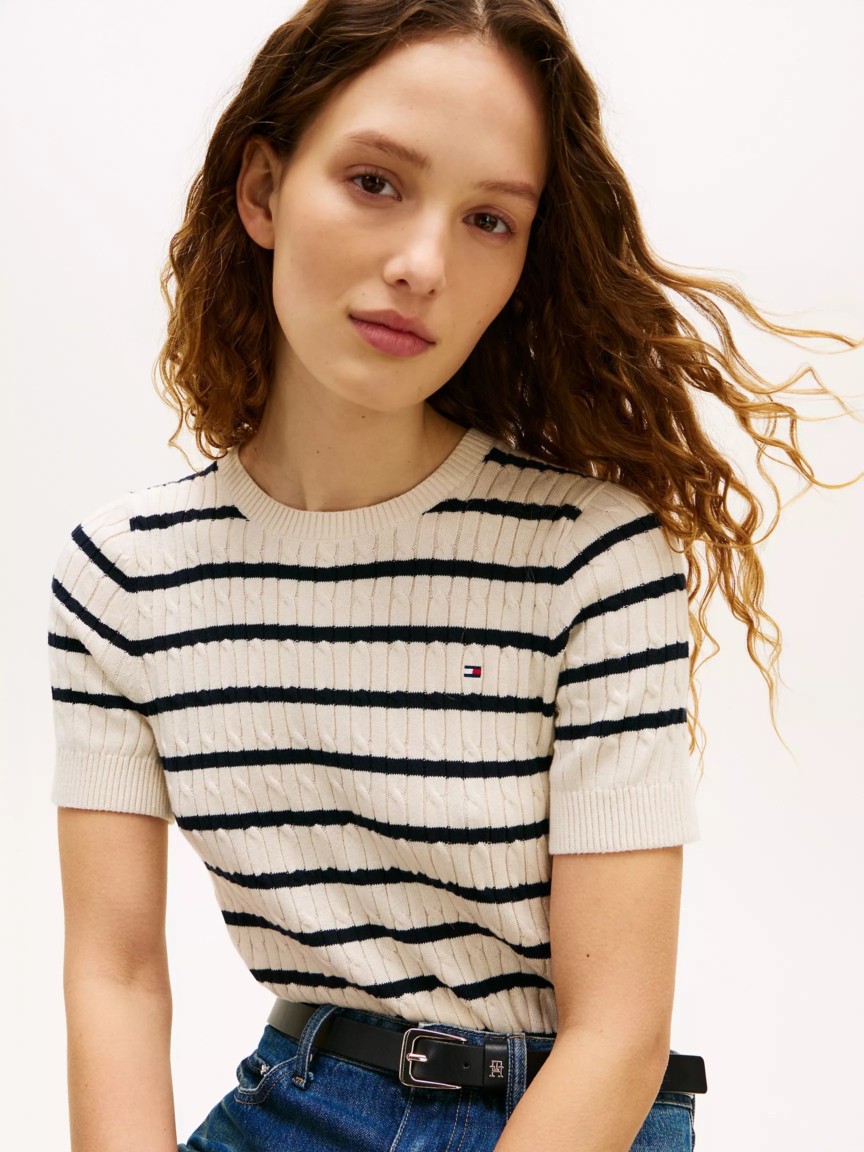 Short-Sleeve Cable Knit Sweater