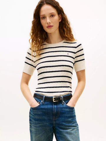 Short-Sleeve Cable Knit Sweater