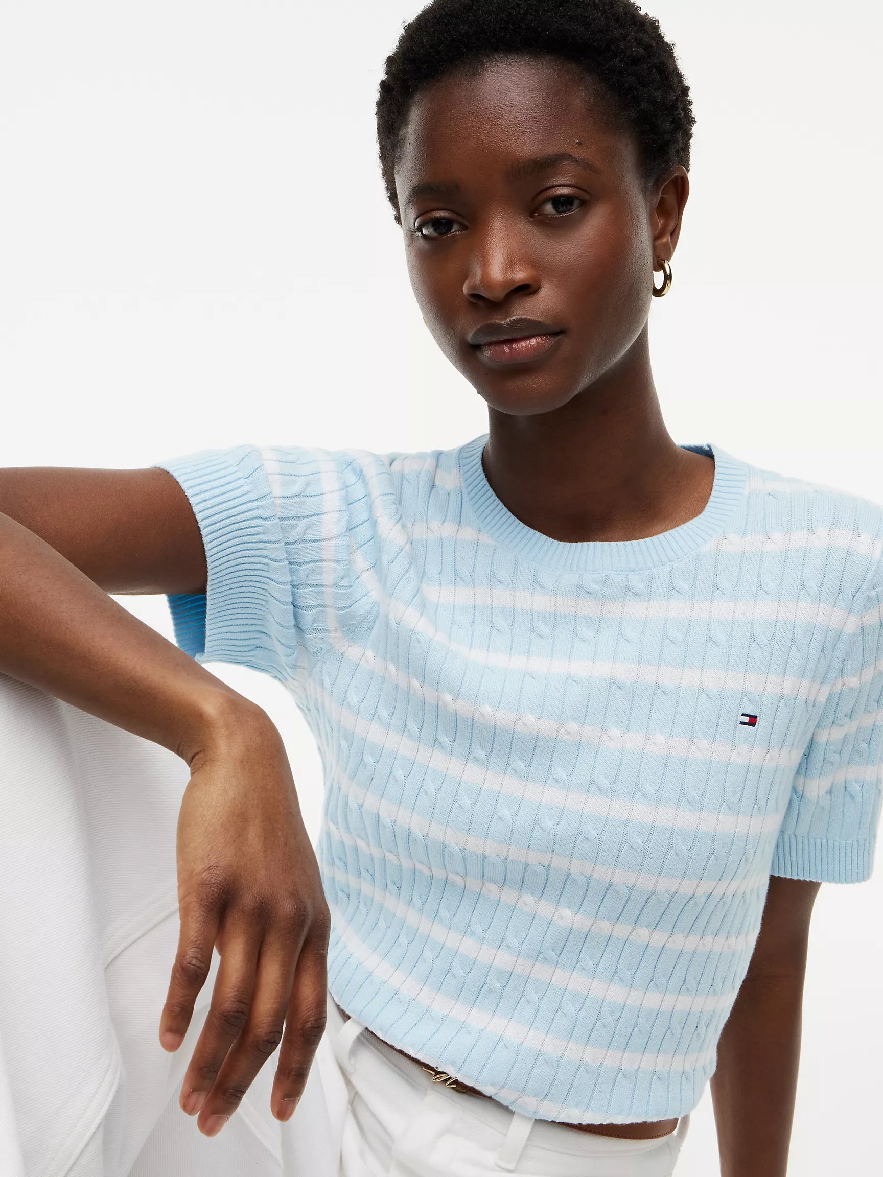 Short-Sleeve Cable Knit Sweater