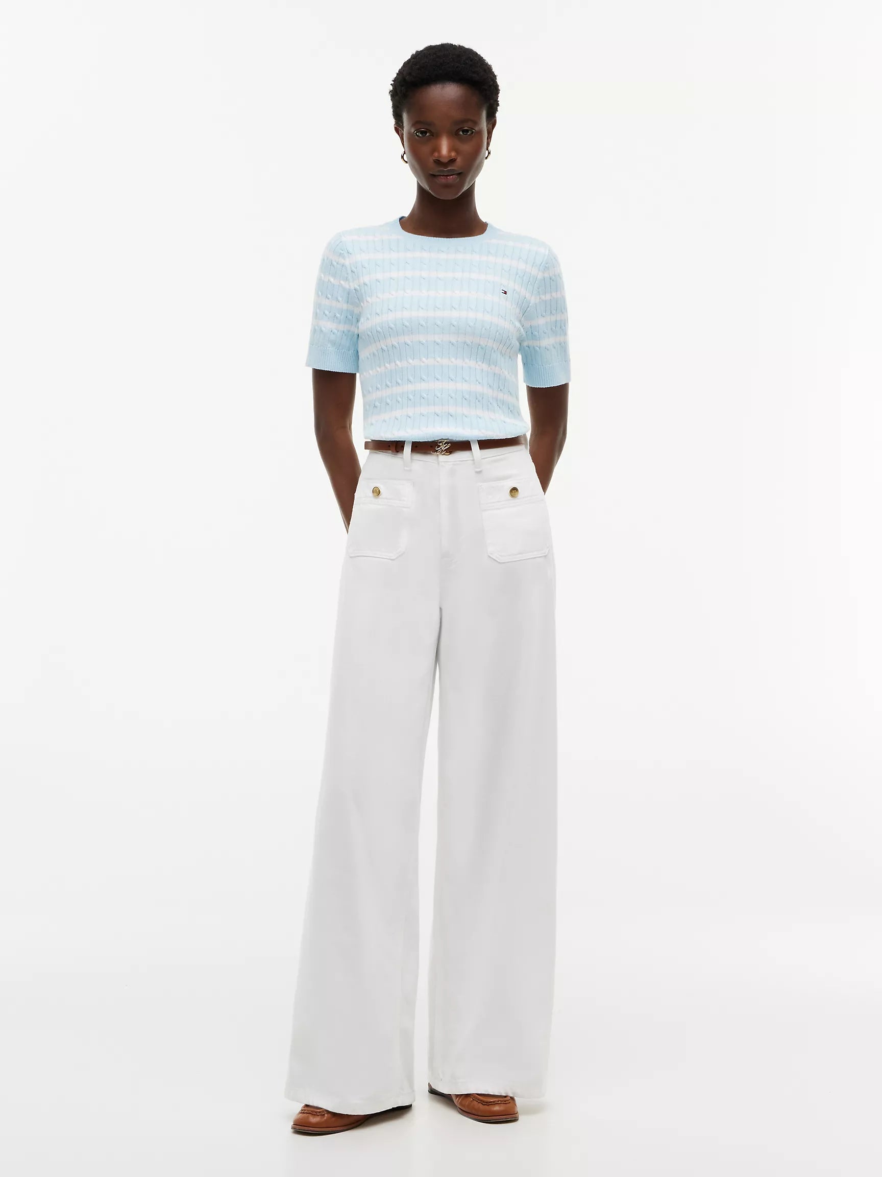 Short-Sleeve Cable Knit Sweater