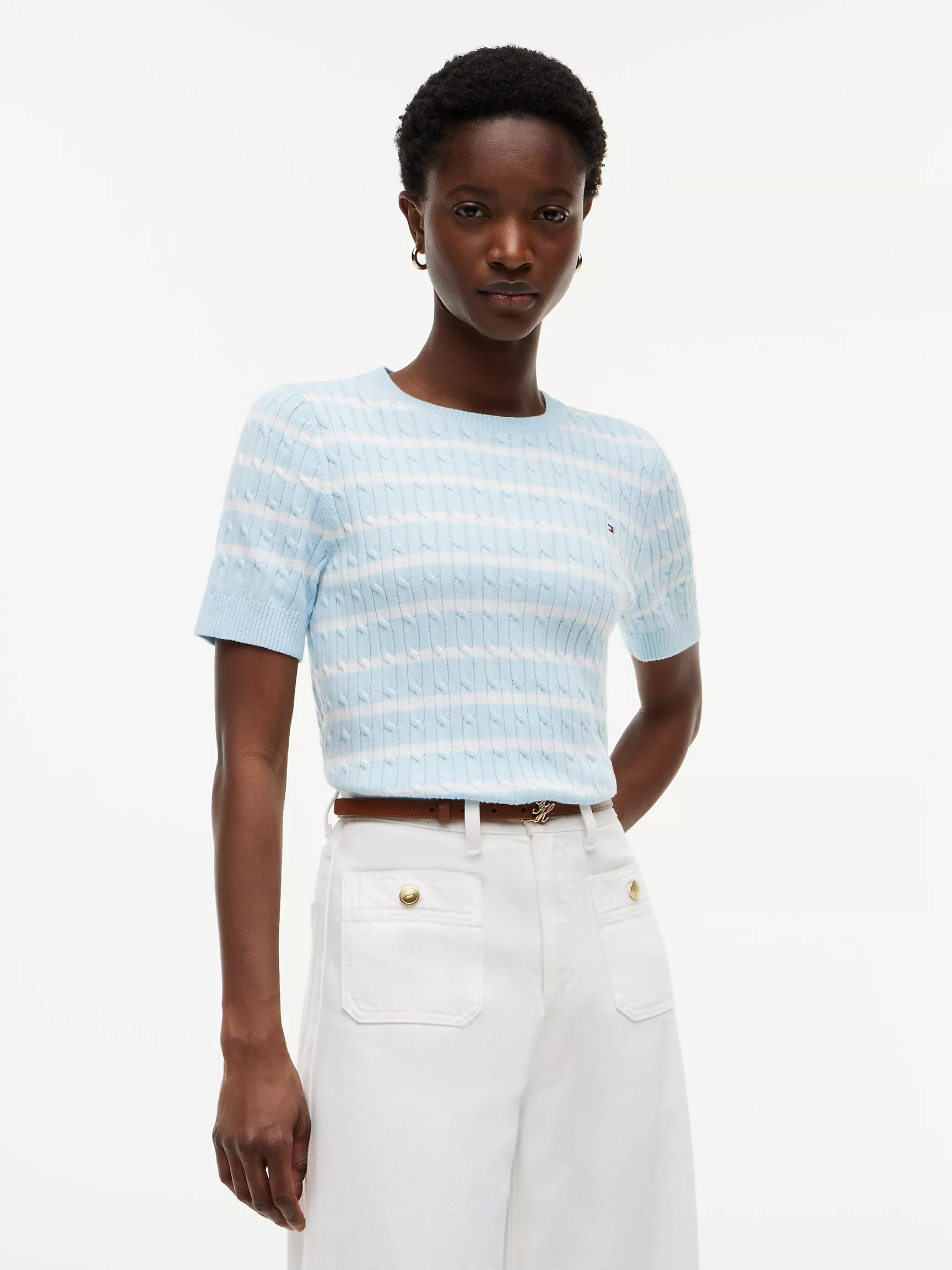 Short-Sleeve Cable Knit Sweater