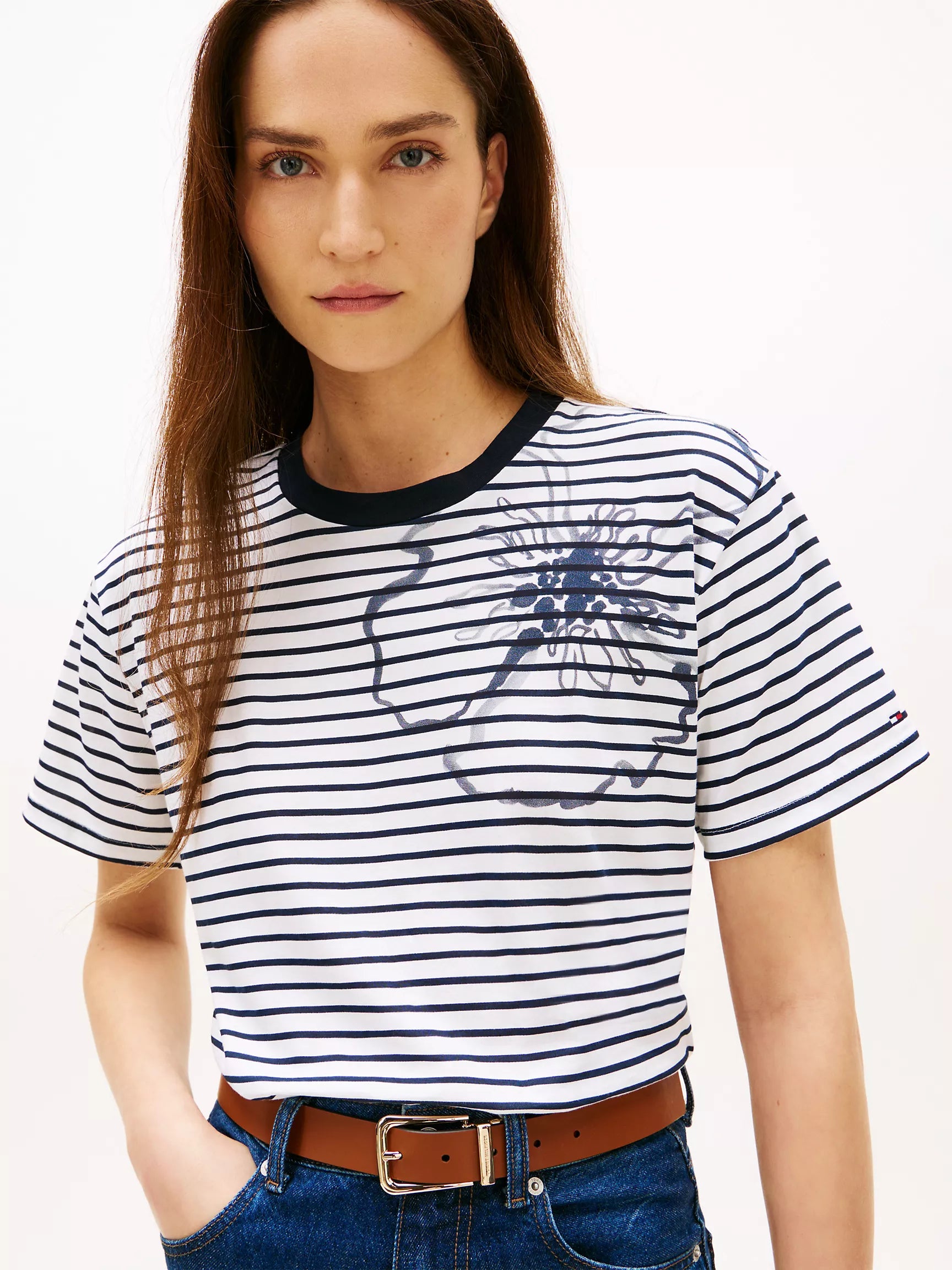 Abstract Floral Print Stripe T-Shirt