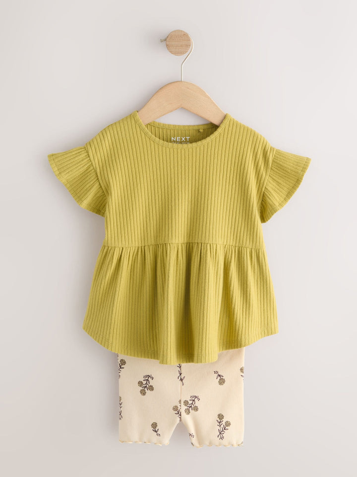 Green Ditsy Floral Ribbed Top and Cycle Shorts Set (3mths-7yrs)