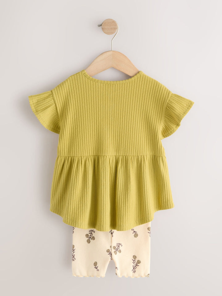 Green Ditsy Floral Ribbed Top and Cycle Shorts Set (3mths-7yrs)