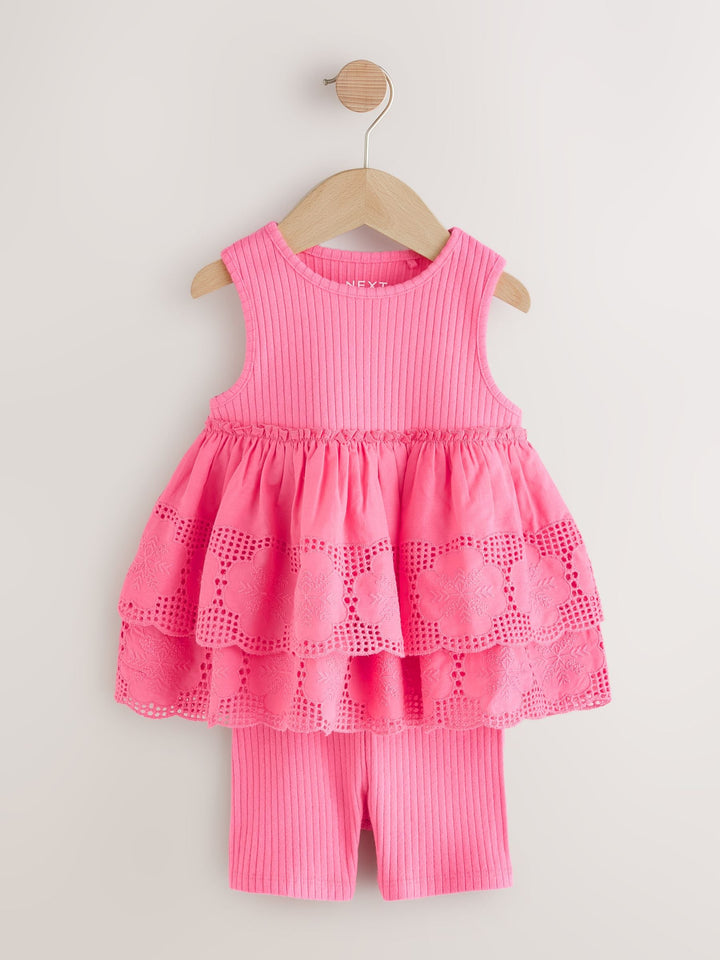 Pink Broderie Peplum Vest and Cycle Shorts Set (3mths-7yrs)