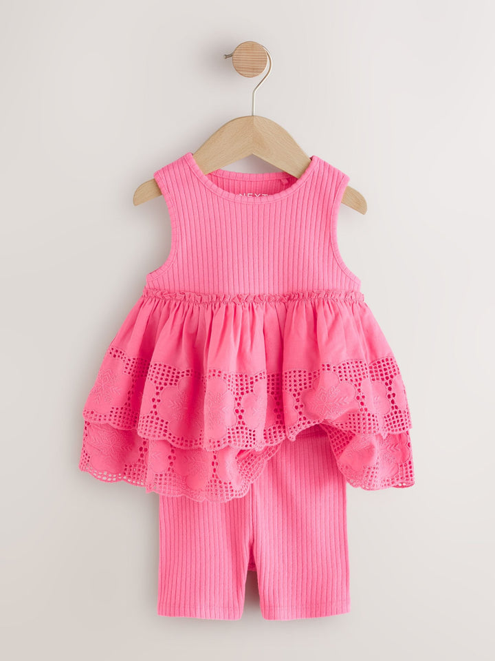 Pink Broderie Peplum Vest and Cycle Shorts Set (3mths-7yrs)