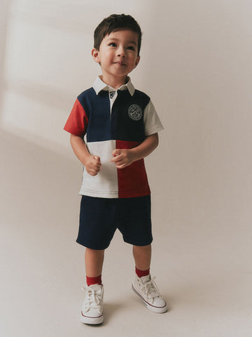 Red/Blue/Green Colourblock Short Sleeve Polo Shirt and Shorts Set (3mths-7yrs)