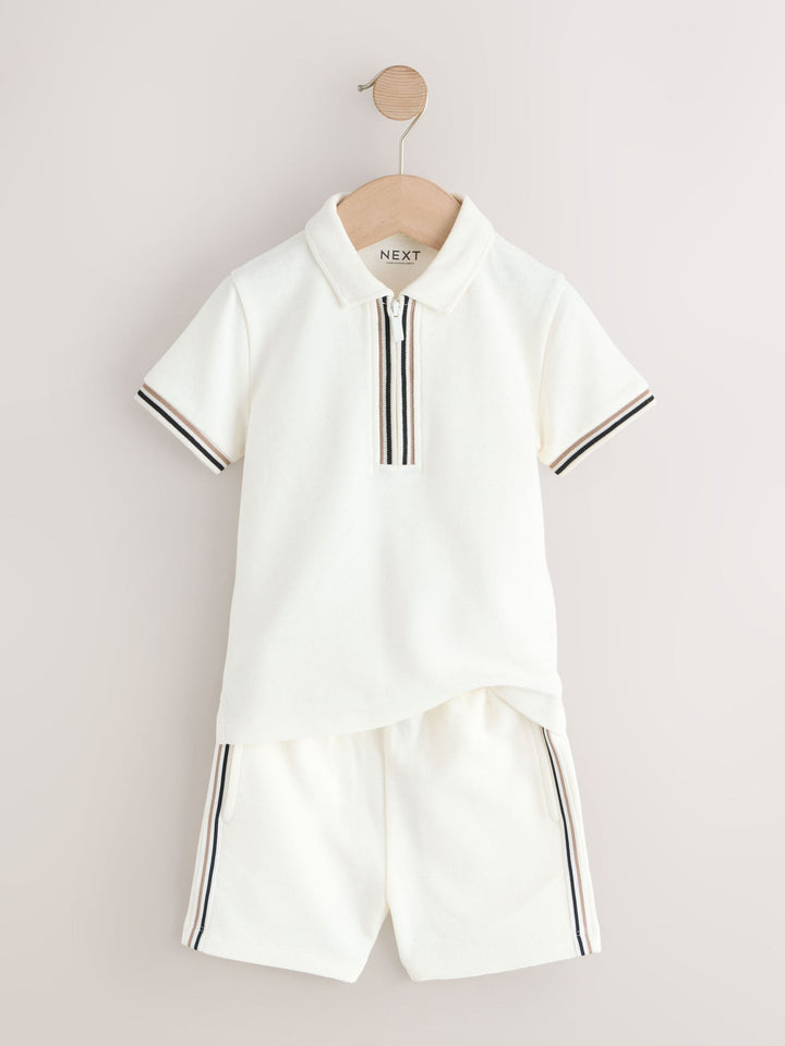 White Zip Neck Short Sleeve Polo Shirt And Shorts Set (3mths-7yrs)