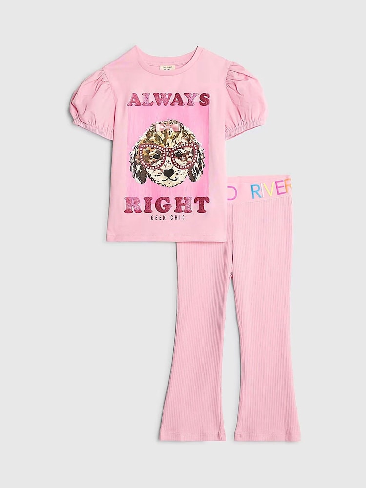 River Island Pink Always Right Dog T-Shirt & Rainbow Waistband Kickflare Leggings Set