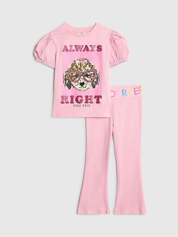 River Island Pink Always Right Dog T-Shirt & Rainbow Waistband Kickflare Leggings Set