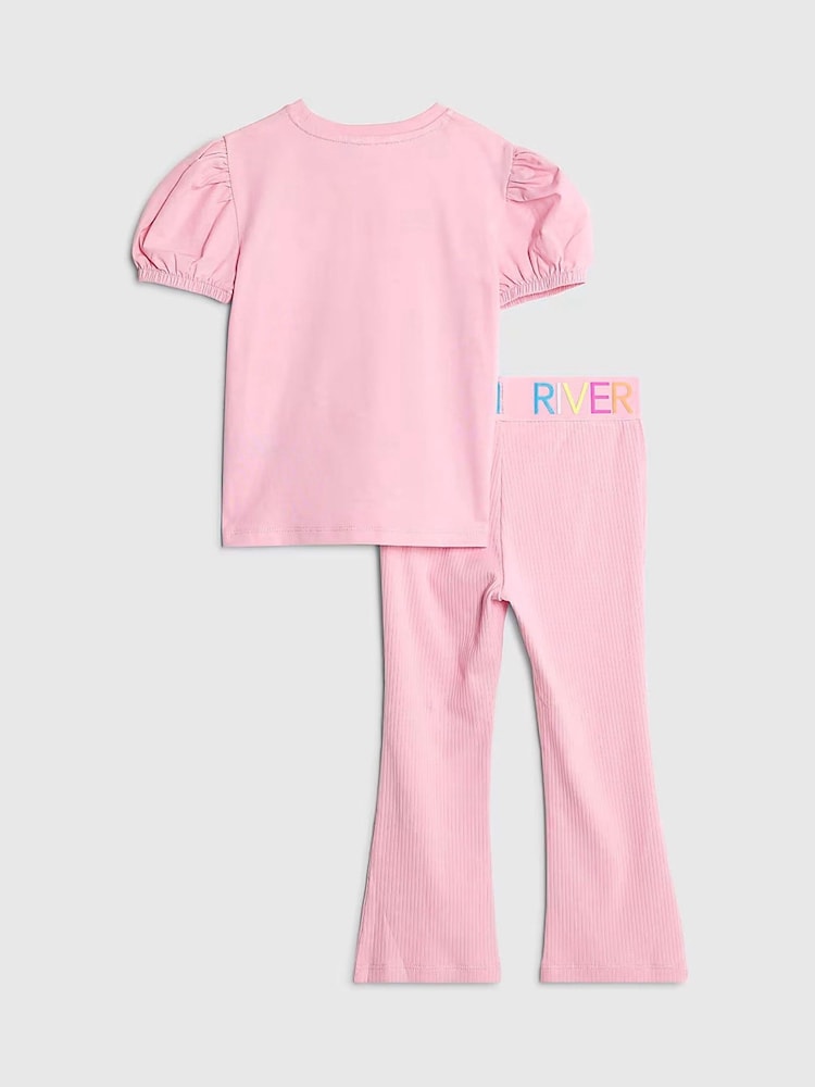 River Island Pink Always Right Dog T-Shirt & Rainbow Waistband Kickflare Leggings Set