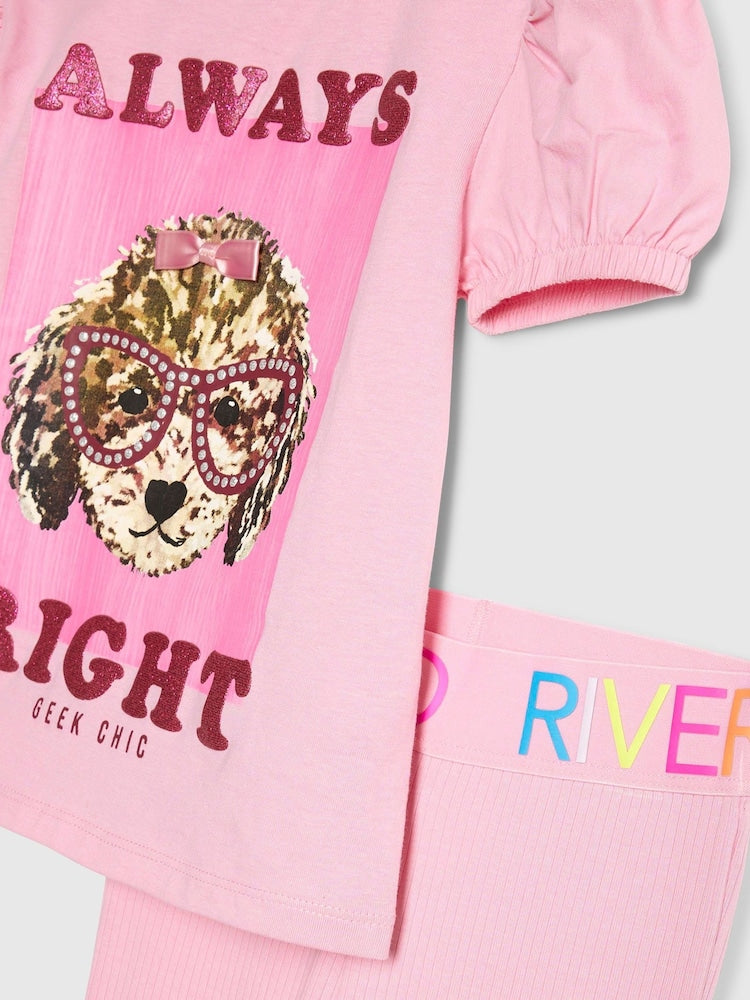 River Island Pink Always Right Dog T-Shirt & Rainbow Waistband Kickflare Leggings Set