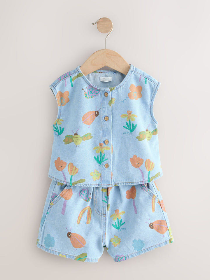 Denim Red Ladybug Print Sleeveless Top & Shorts Set (3mths-8yrs)