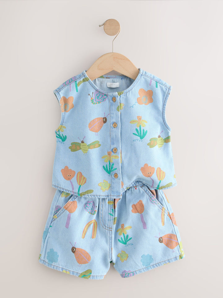 Denim Red Ladybug Print Sleeveless Top & Shorts Set (3mths-8yrs)
