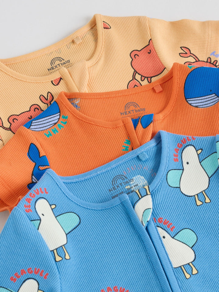 Blue/Yellow Two Way Zip Baby Rompers 3 Pack (0mths-3yrs)