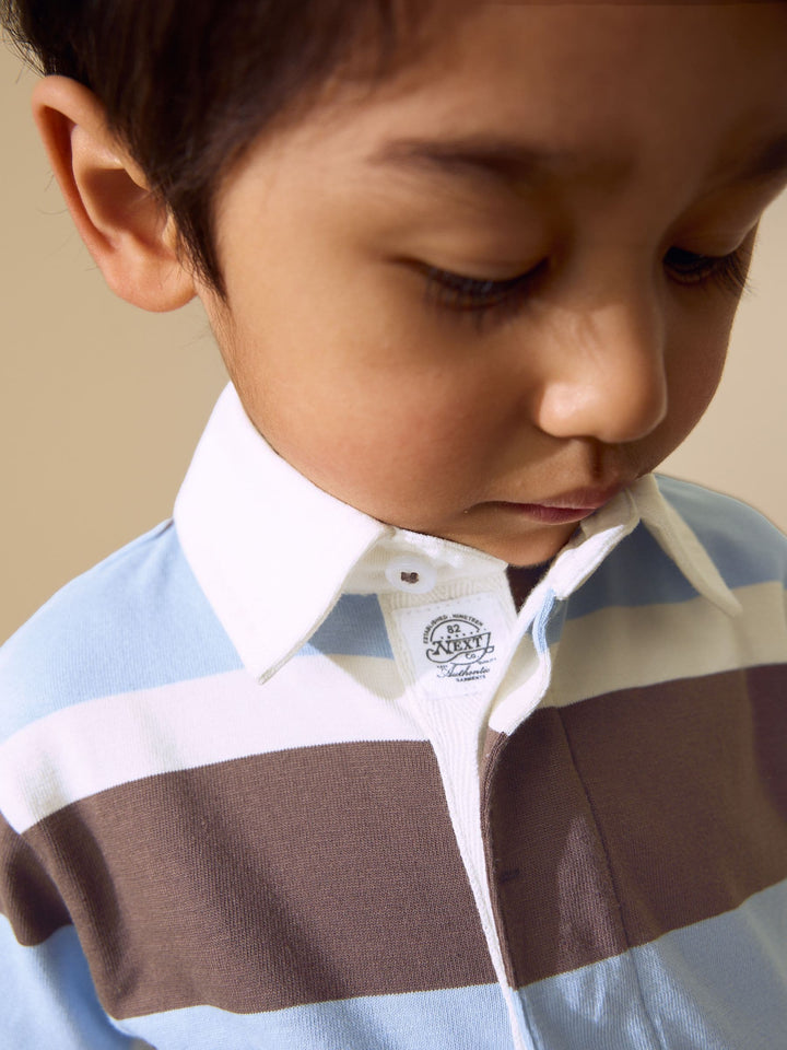 Chocolate Brown/Blue/White Short Sleeve Rugby Polo Shirt (3mths-7yrs)