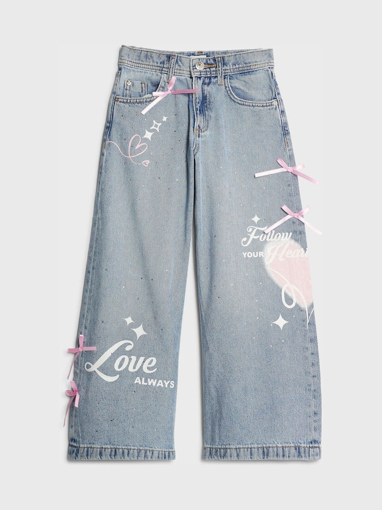 River Island Blue Bow Graffiti Wide Leg Jeans