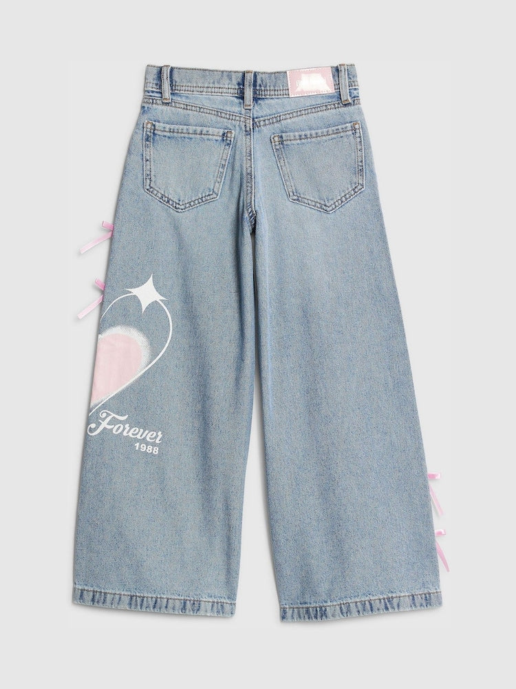 River Island Blue Bow Graffiti Wide Leg Jeans