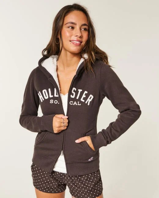 Hollister Brown Holiday Vault Release Sherpa-lined Zip-up Logo Graphic Hoodie
