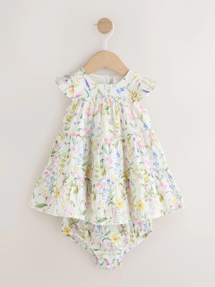 White Floral Baby Tiered Woven Dress and Knickers Set 2 Piece (0mths-2yrs)