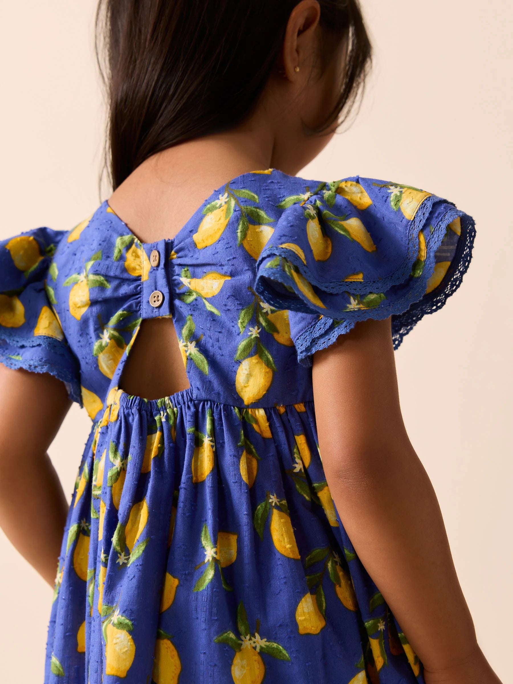Blue Lemon Print Angel Sleeve Dress (3mths-8yrs)