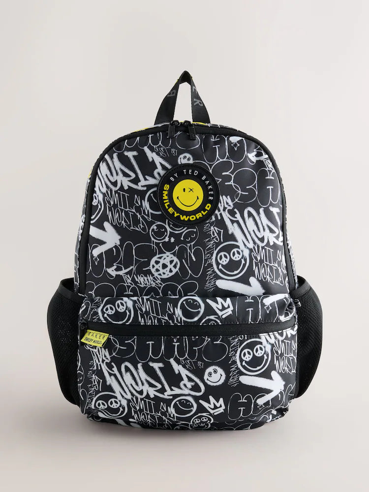Baker by Ted Baker Black Back to School Childrens X Smiley World Graffiti Backpack