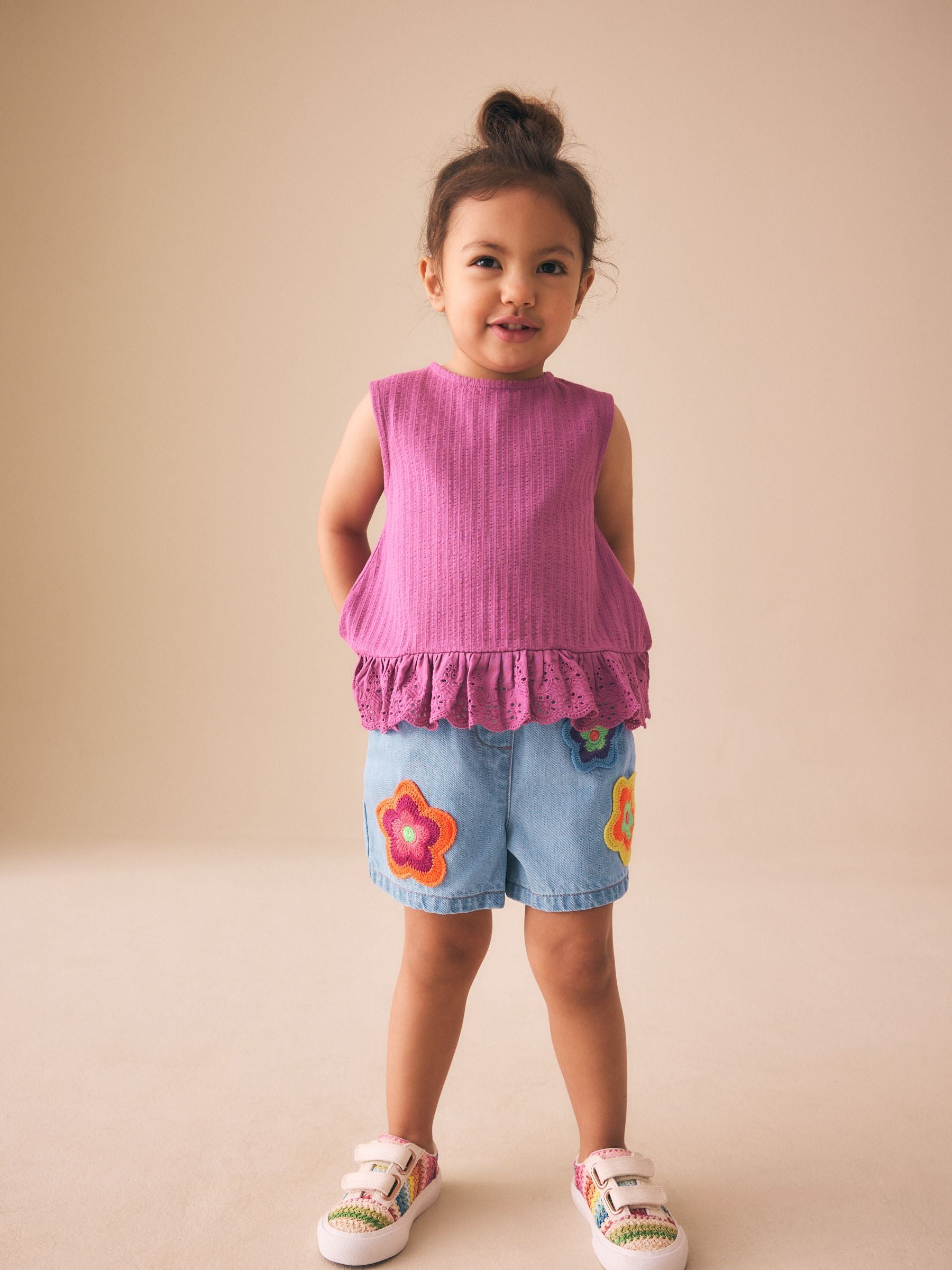 Mid Denim Crochet Flower Pull On Denim Shorts (3mths-10yrs)