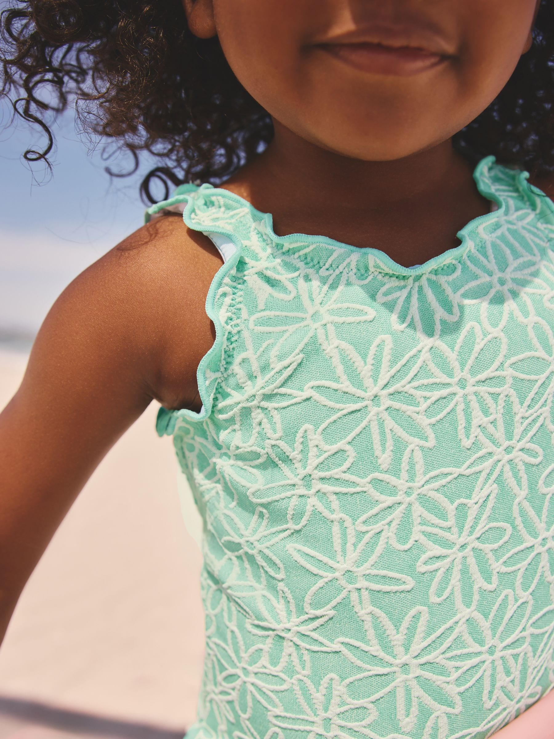 Mint Green Floral Texture Lettuce Edge Swimsuit (3mths-7yrs)