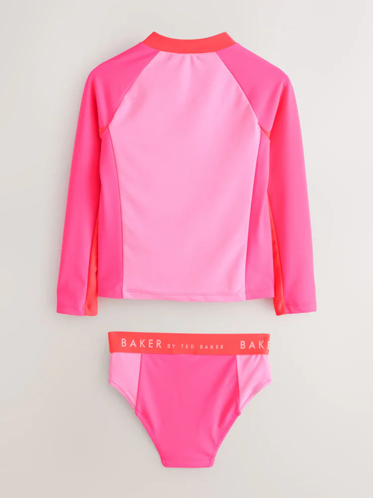 Baker by Ted Baker 3 Piece Pink Colour Block Rash Vest and Bikini Set