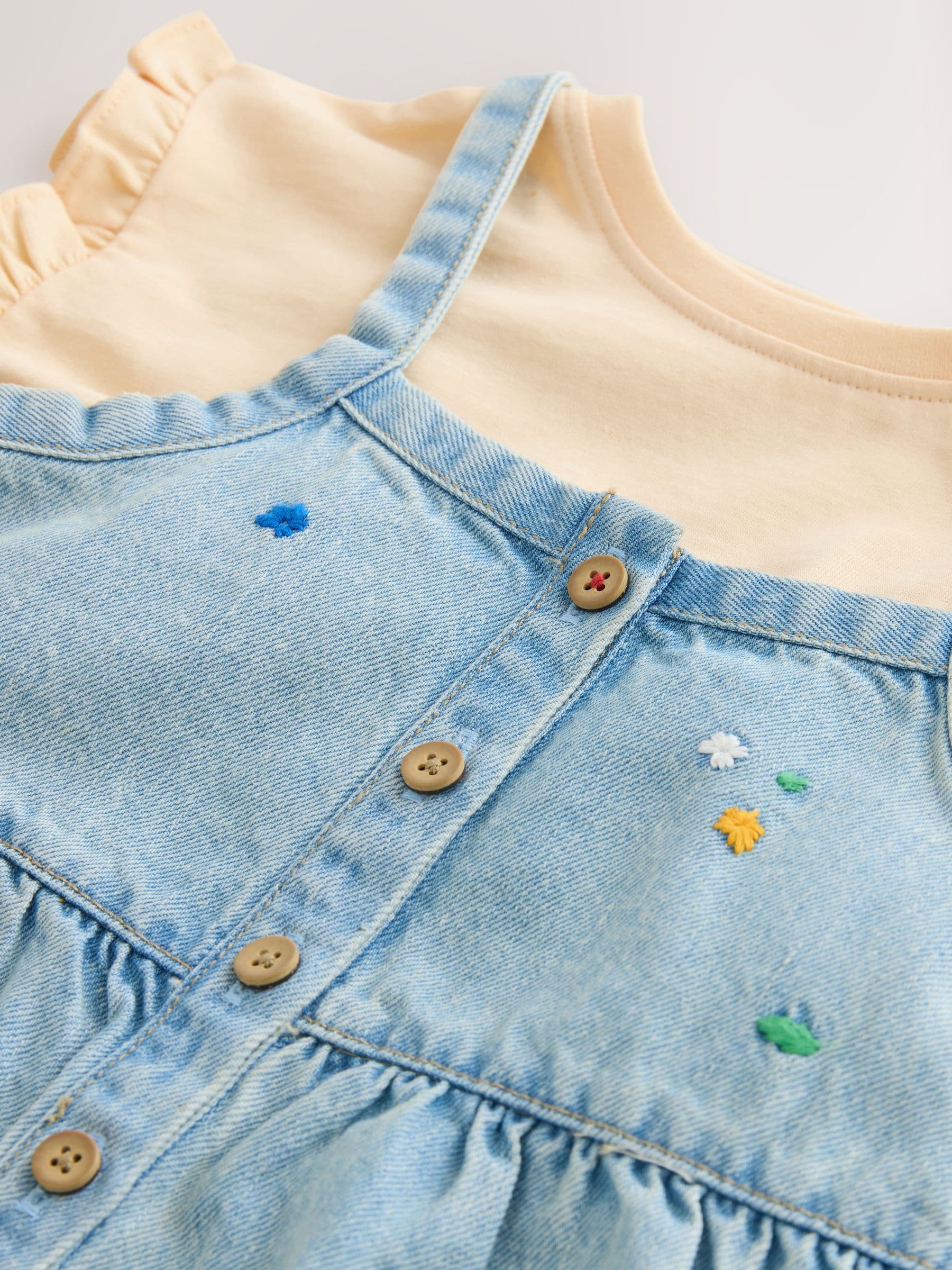 Mid Blue Floral Embroidered Denim Playsuit and T-Shirt (3mths-7yrs)