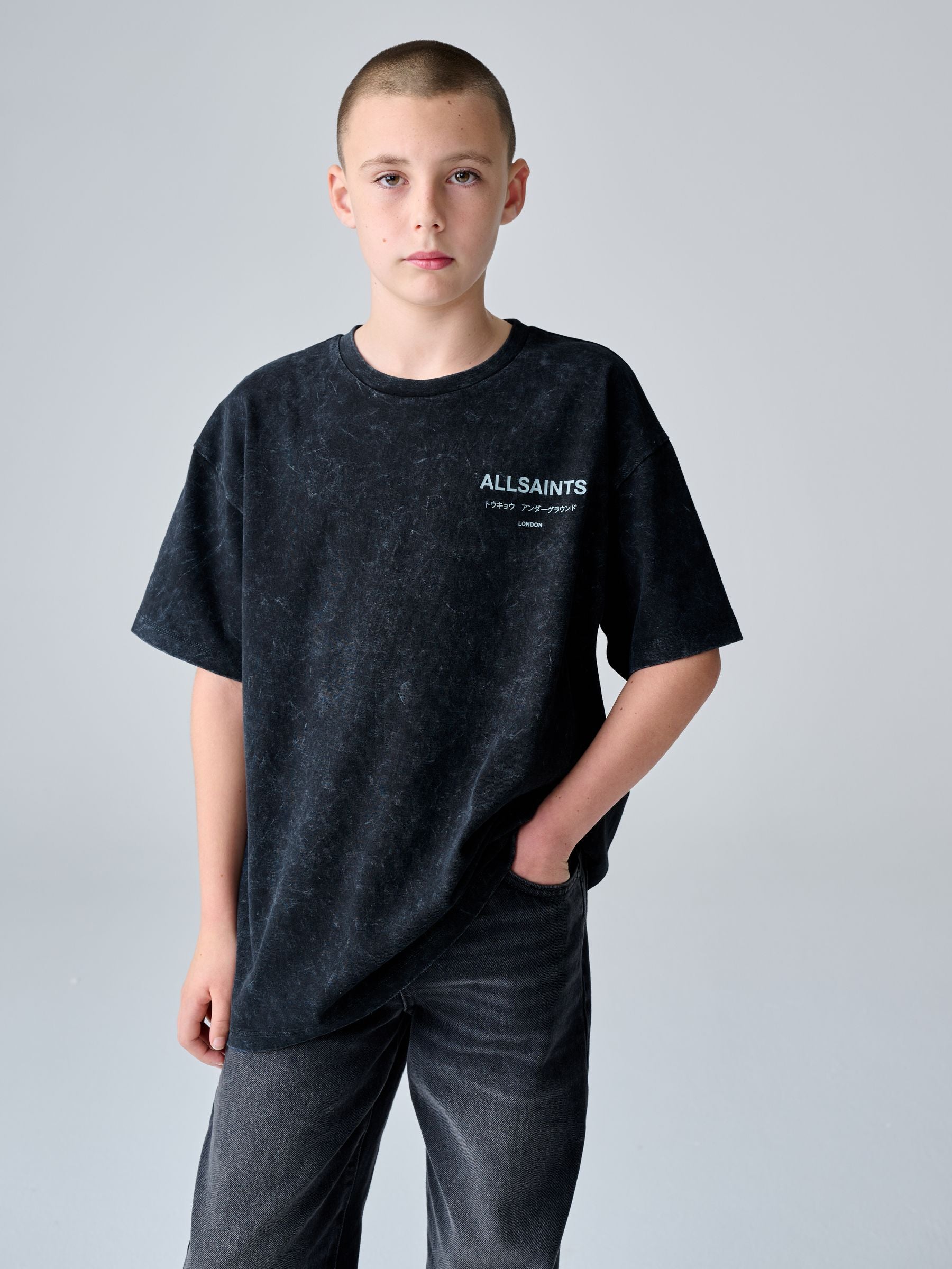 smALLSAINTS Washed Black Oversized Underground Crew Neck Cotton T-Shirt