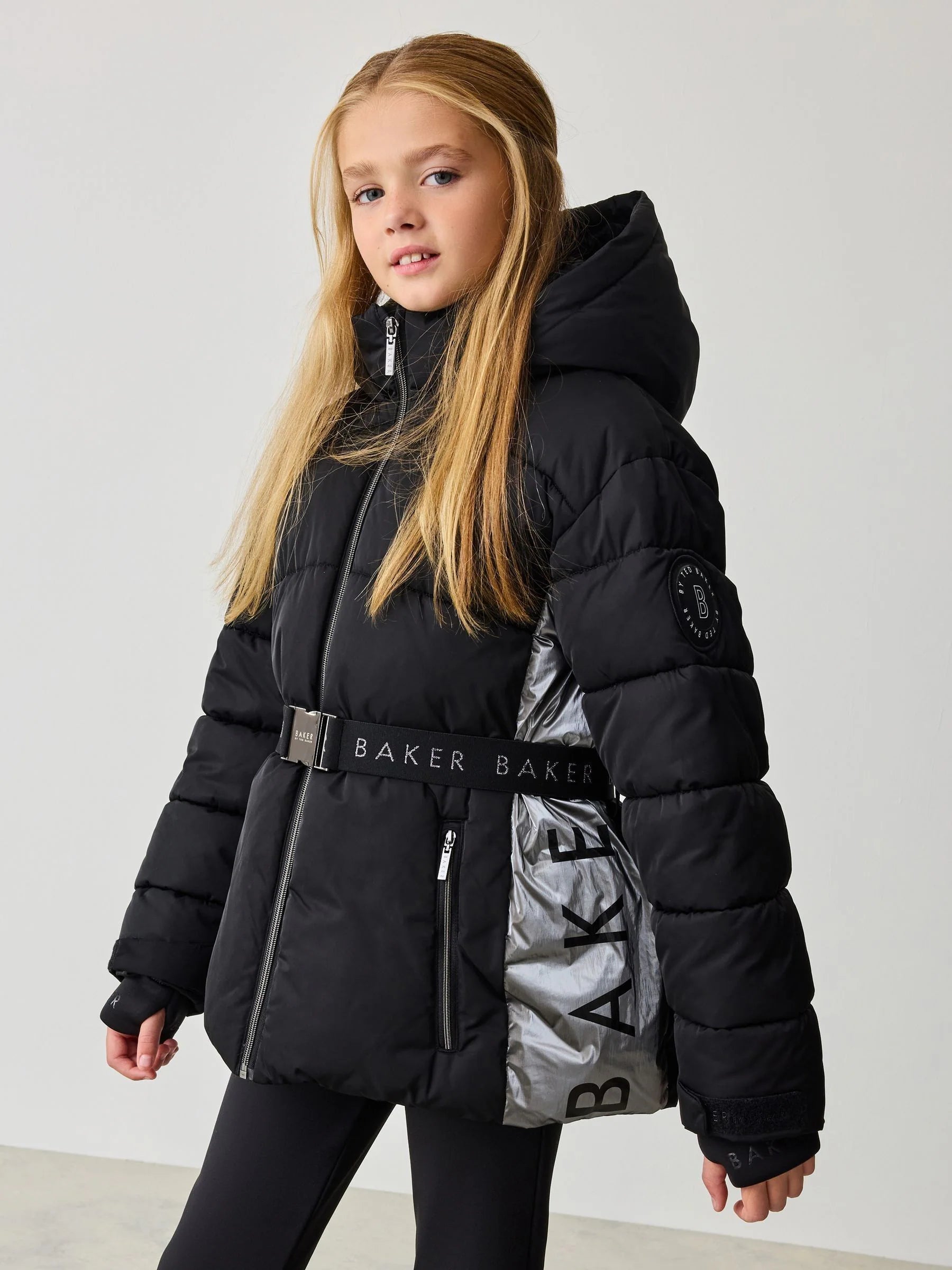 Baker by Ted Baker Shower Resistant Panel Belted Black Padded Coat