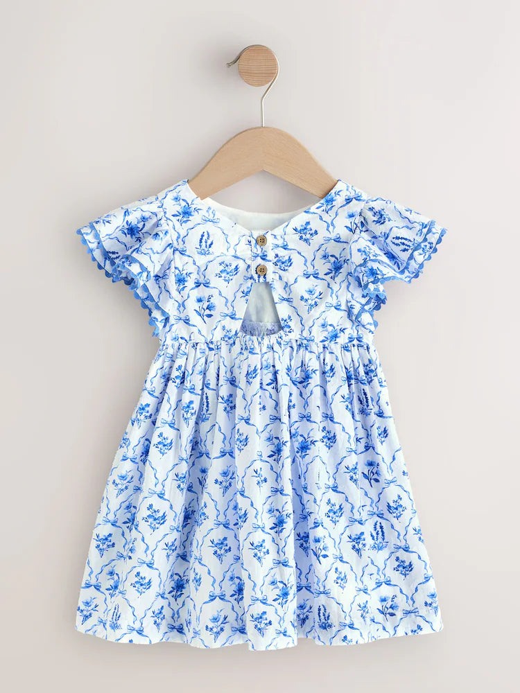 Blue Floral Angel Sleeve Dress (3mths-8yrs)
