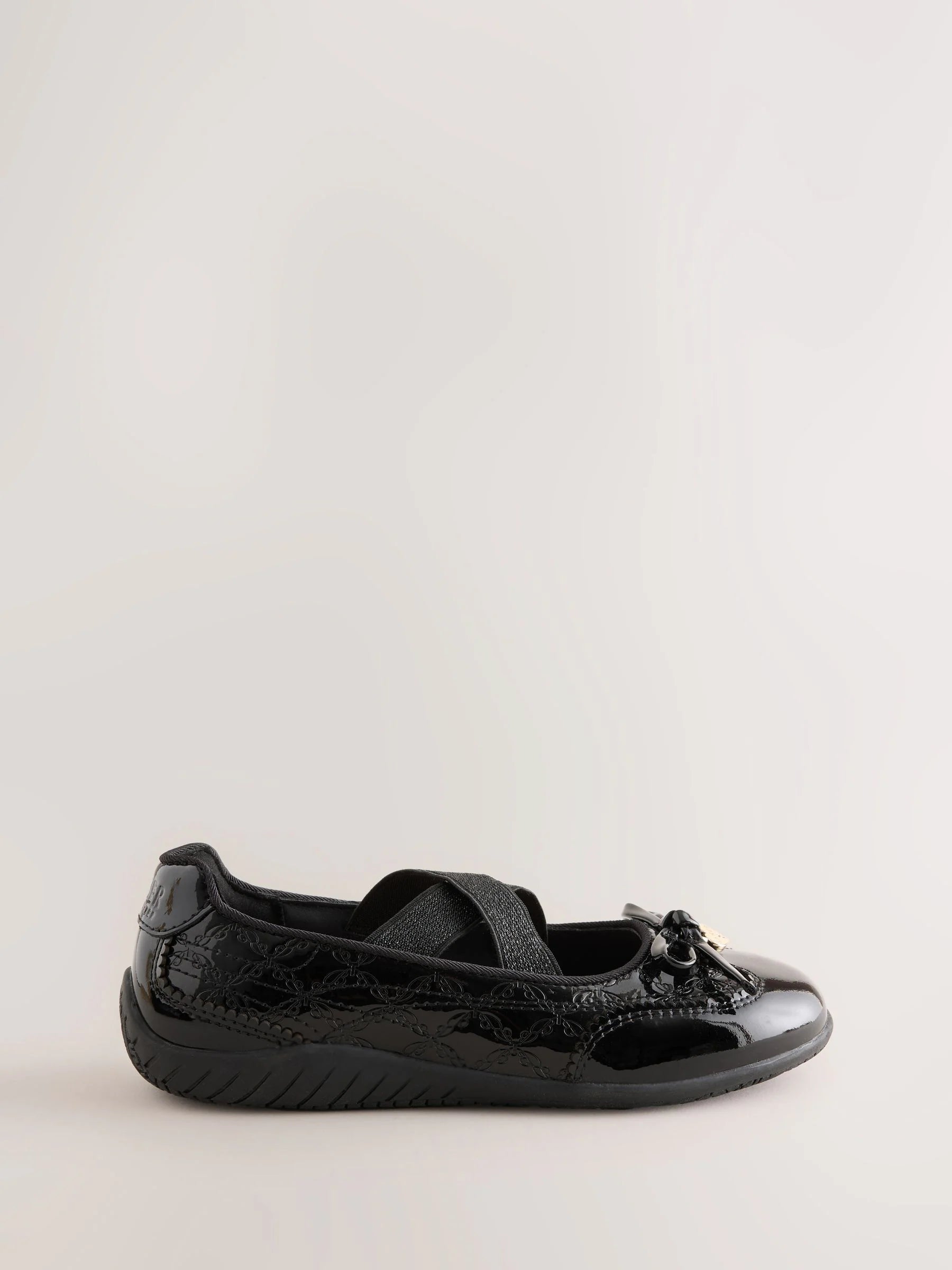 Baker by Ted Baker Black Back to School Patent Embossed Ballet Strap Bow Mary Jane Trainers