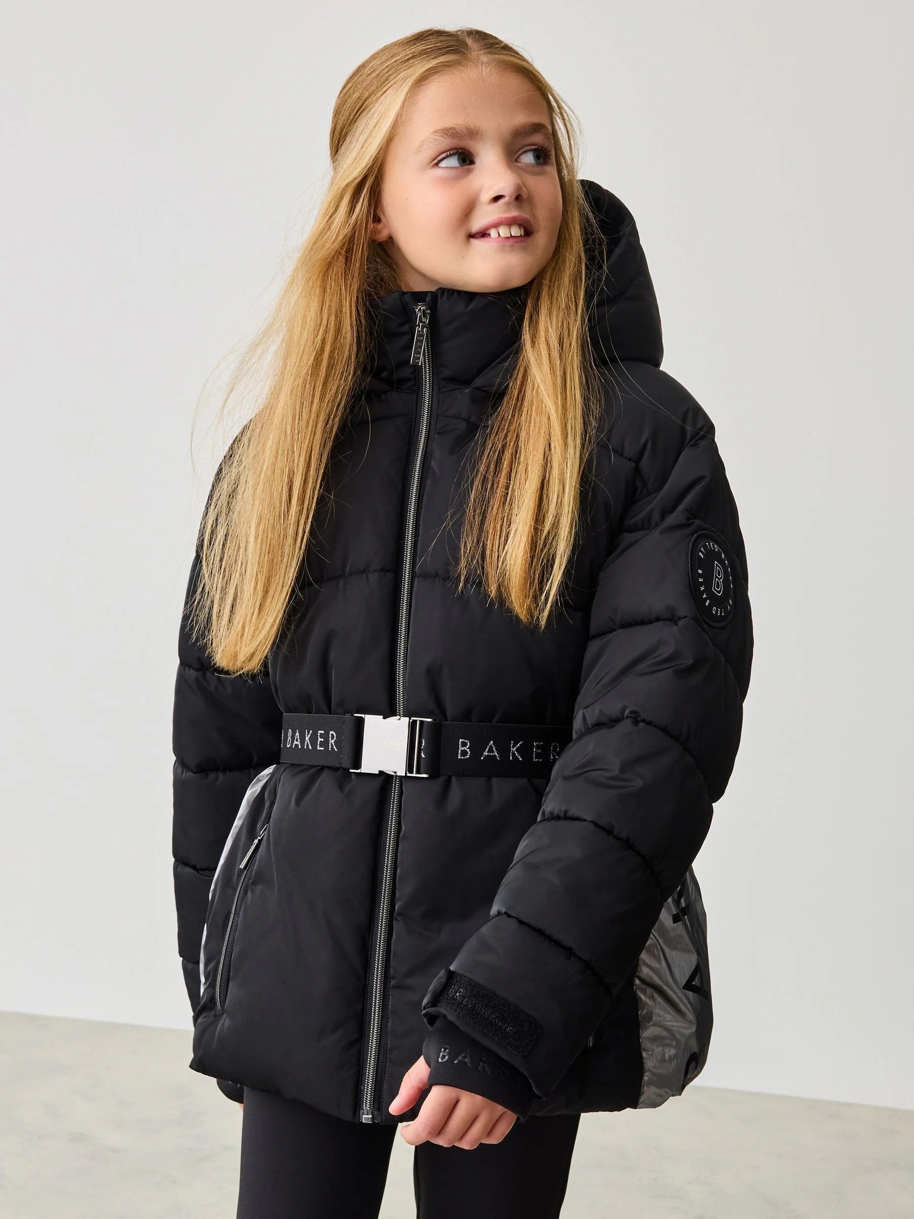 Baker by Ted Baker Shower Resistant Panel Belted Black Padded Coat